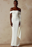 White Sheath Long Wedding Reception Dress with Side Cape