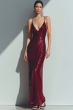 Sparkly Burgundy Sequins Sheath Long Evening Dress