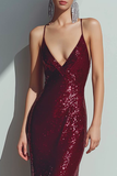Sparkly Burgundy Sequins Sheath Long Evening Dress