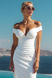 White Sheath Ruched Long Engagement Dress