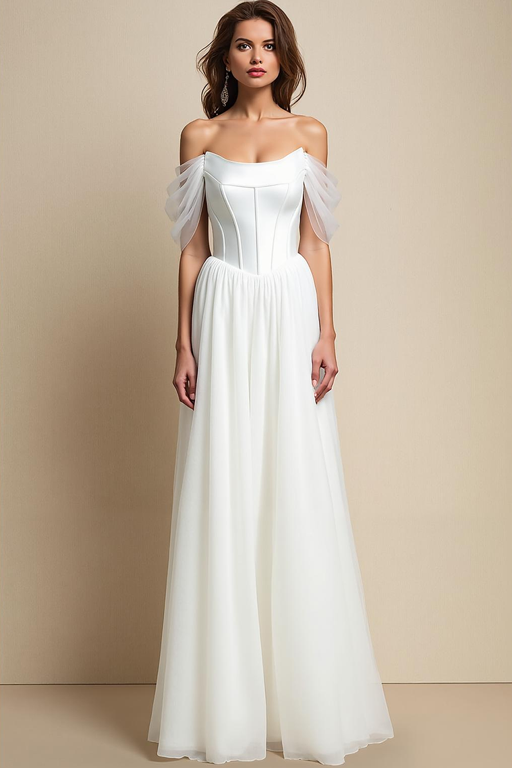 Leely Women White A Line Long Wedding Dress Off the Shouder Corset