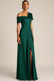Dark Green One Shoulder A Line Long Formal Dress with Slit