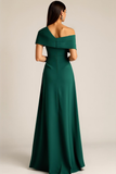 Dark Green One Shoulder A Line Long Formal Dress with Slit