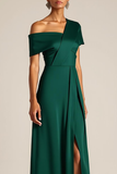 Dark Green One Shoulder A Line Long Formal Dress with Slit