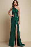 Metallic Emerald Green One Shoulder Mermaid Long Formal Dress with Slit