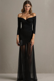 Black Off the Shoulder Chiffon Long Formal Dress with Sleeves
