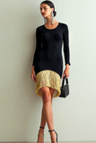 Black Golden Round Neck Bodycon Short Formal Dress with Tassel