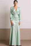Dusty Sage V Neck Satin Long Formal Dress with Sleeves