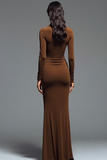 Elegant Brown Sheath Chiffon Long Formal Dress with Sleeves