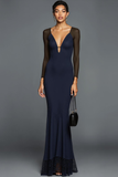Navy Mermaid V Neck Long Sleeves Formal Dress with Lace