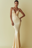 Ivory Mermaid Ruched Long Appliqued Formal Dress