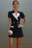 Black White Notched Lapel A Line Short Blazer Dress