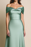 Dusty Sage Satin Off the Shoulder Maxi Wedding Guest Dress
