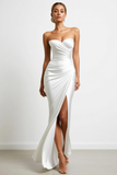 White Sweetheart Drape Satin Maxi Engagement Dress