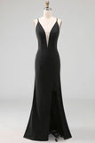 Black Backless Chiffon Deep V-Neck Maxi Evening Dress with Slit
