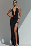 Black Backless Chiffon Deep V-Neck Maxi Evening Dress with Slit