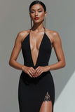 Black Backless Chiffon Deep V-Neck Maxi Evening Dress with Slit