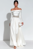 White Pleated Satin Off the Shoulder Long Engagement Dress