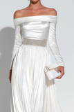 White Pleated Satin Off the Shoulder Long Engagement Dress