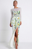 Green Floral Boat Neck Chiffon Maxi Evening Dress with Slit