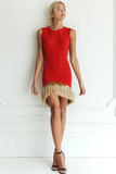 Red Round Neck Bodycon Short Cocktail Dress with Feather