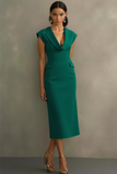 Emerald Green Pencil Cap Sleeves Midi Work Dress