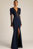 Navy Mermaid Lace V-Neck Maxi Evening Dress with Slit