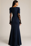 Navy Mermaid Lace V-Neck Maxi Evening Dress with Slit