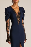 Navy Mermaid Lace V-Neck Maxi Evening Dress with Slit
