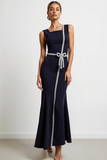Navy Thick Straps Mermaid Maxi Formal Dress