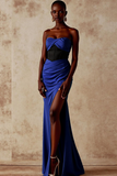 Royal Blue Sweetheart Corset Mermaid Satin Evening Dress with Slit