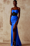 Royal Blue Sweetheart Corset Mermaid Satin Evening Dress with Slit
