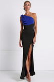 Blue Black Mermaid One Shoulder Long Formal Dress with Bow