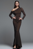 Chocolate Chiffon Mermaid Long Evening Dress with Sleeves