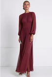 Burgundy Round Neck Flowy Chiffon Long Mother of the Bride Dress