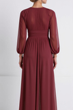 Burgundy Round Neck Flowy Chiffon Long Mother of the Bride Dress