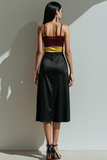 Black Patchwork Sheath Ruched Satin Midi Evening Dress