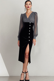 Grey Sheath Chiffon V-Neck Midi Evening Dress with Slit