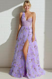 Lilac Floral One Shoulder Embroidered Long Prom Dress with Slit