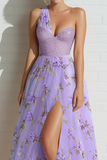 Lilac Floral One Shoulder Embroidered Long Prom Dress with Slit