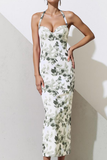 Green Floral Halter Sheath Maxi Bridesmaid Dress