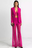 Fuchsia Lace Peak Lapel 2 Piece Fitted Prom Suits with Sleeves