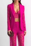 Fuchsia Lace Peak Lapel 2 Piece Fitted Prom Suits with Sleeves