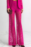 Fuchsia Lace Peak Lapel 2 Piece Fitted Prom Suits with Sleeves