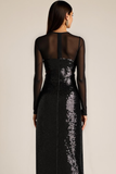 Sparkly Black Sheath Illusion Neck Long Gala Dress with Slit