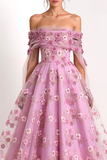 Pink Floral A Line Maxi Prom Dress with Applique