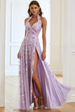 Lilac A Line Halter Floral Long Prom Dress with Slit
