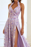 Lilac A Line Halter Floral Long Prom Dress with Slit