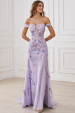 Lilac Floral Mermaid Off the Shoulder Long Prom Dress