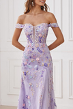 Lilac Floral Mermaid Off the Shoulder Long Prom Dress